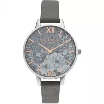 Zegarek damski OLIVIA BURTON OB16TZ05 34 mm Kwarcowy Analogowy Koperta ze stali nierdzewnej Szara tarcza Pasek z szarej skóry norek