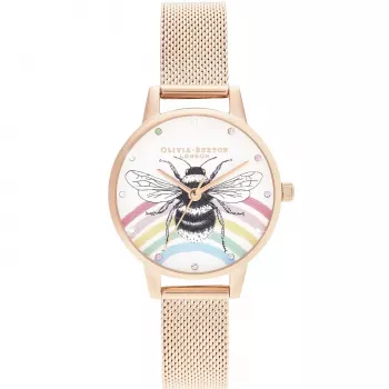 Zegarek damski OLIVIA BURTON Wishing Star OB16WL90 30mm Różowe Złoto Stal Szlachetna Biała Perłowa Tarcza Szary Skórzany Pasek