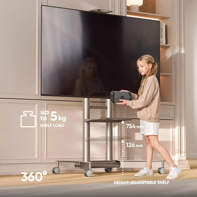 ONKRON TS1571-C Mobilny stojak telewizyjny z półką AV dla ekranów 32-75 cali, kolor szampański