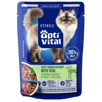 OPTIVITAL Sterile Tasty Shreds in Gravy with Veal - Mokra karma dla kotów - 85g