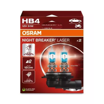 OSRAM Night Breaker Laser HB4 (zestaw 2 szt.) - 12V 51W P22d żarówki halogenowe do reflektorów, do 150% większa jasność, zasięg 150m, 20% bielsze światło, biały