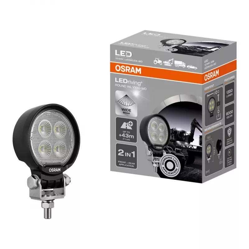 Osram ROUND WL VX80-WD Lampa robocza LED, 10W, 12/24V, 800lm, 6000K, szeroki strumień, IP67, ECE R10, złącze DT, 80mm