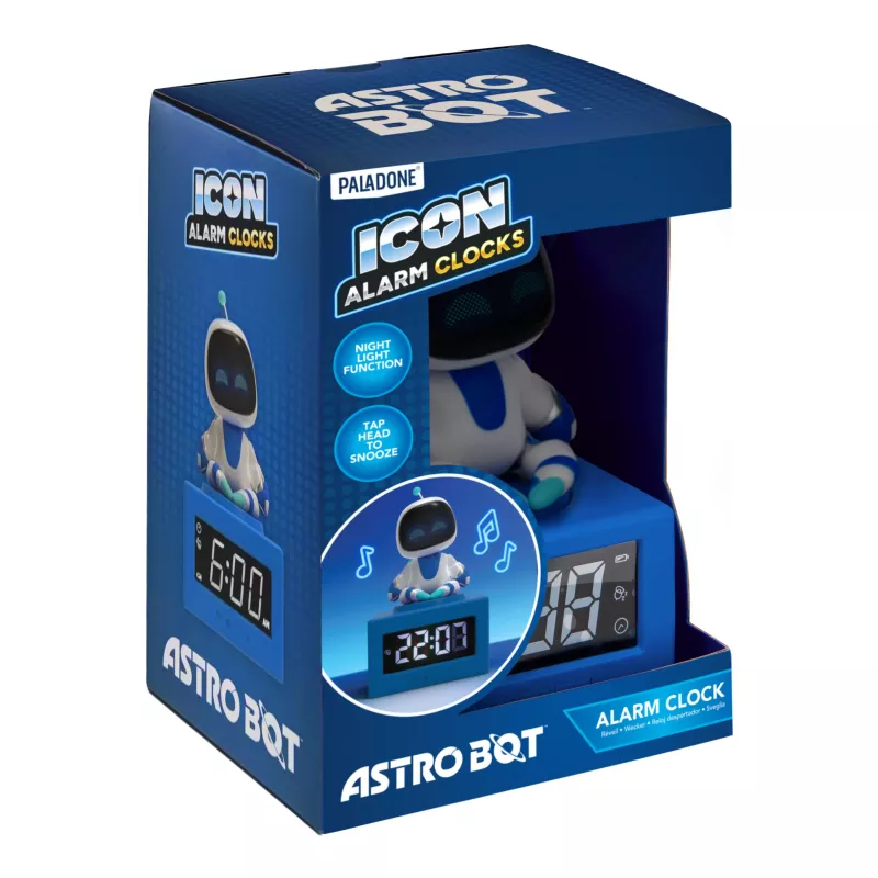 Paladone AstroBot Icon budzik - szaro-biały cyfrowy LCD robot z funkcją drzemki