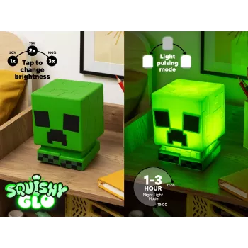 Paladone Minecraft Creeper SquishyGlo Silikonowe Światło Ładowalne – Przyciemniana Zielona Lampa LED Nocna z 3 Poziomami Jasności i Ładowaniem Micro USB