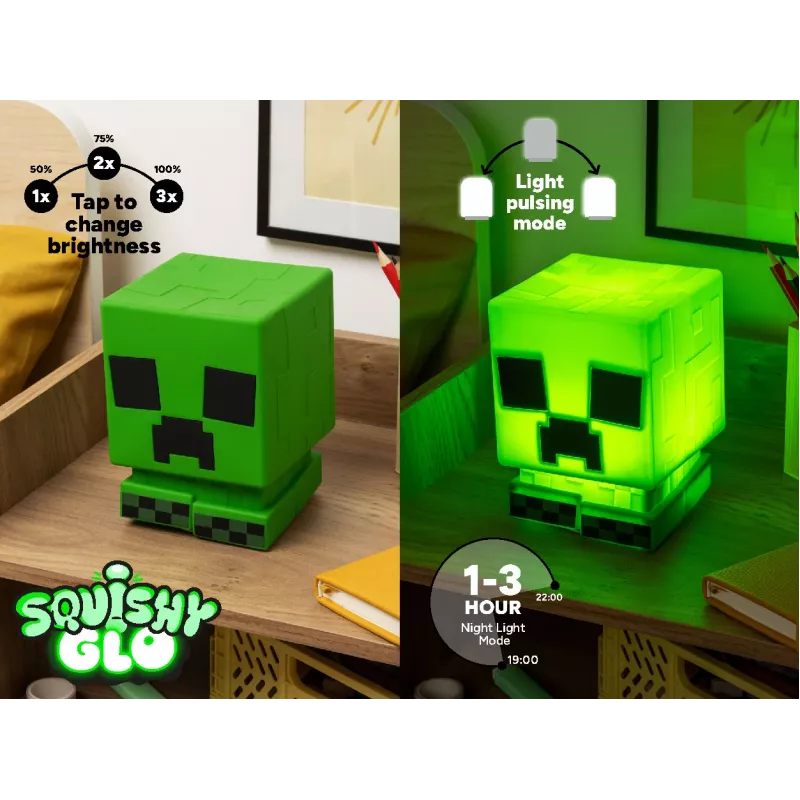 Paladone Minecraft Creeper SquishyGlo Silikonowe Światło Ładowalne – Przyciemniana Zielona Lampa LED Nocna z 3 Poziomami Jasności i Ładowaniem Micro USB