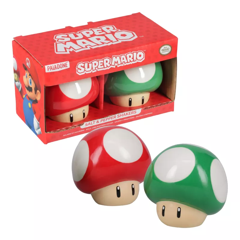 Paladone zestaw solniczki i pieprzniczki Super Mario Mushroom (czerwony Super Mushroom i zielony 1-Up Mushroom)