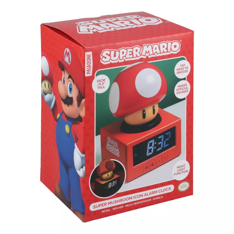Paladone Super Mario Super Mushroom Icon budzik - cyfrowy LCD, zasilany USB, oficjalne efekty dźwiękowe Nintendo, czerwono-biały
