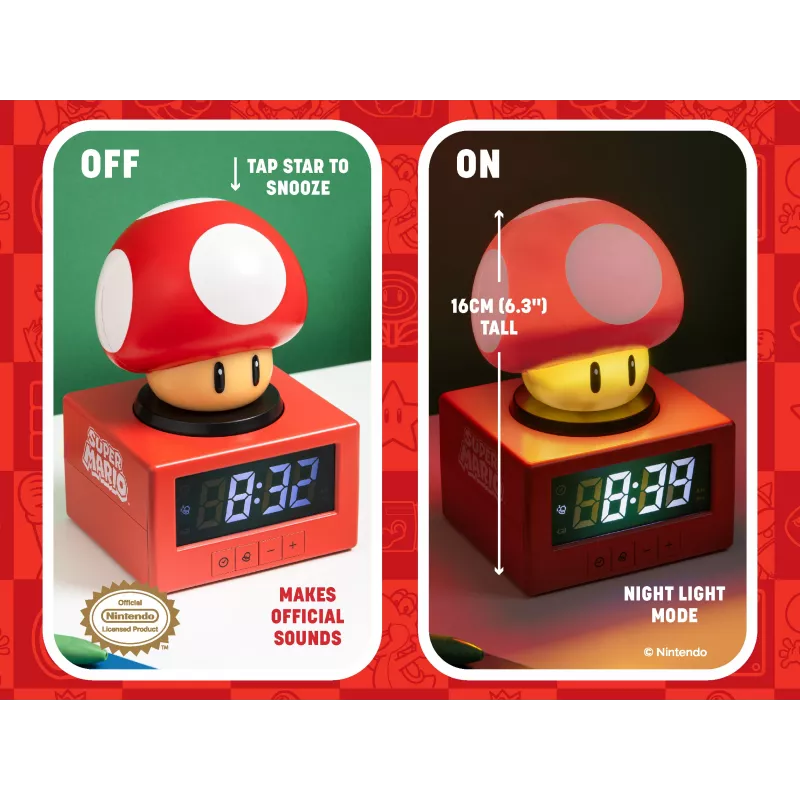Paladone Super Mario Super Mushroom Icon budzik - cyfrowy LCD, zasilany USB, oficjalne efekty dźwiękowe Nintendo, czerwono-biały