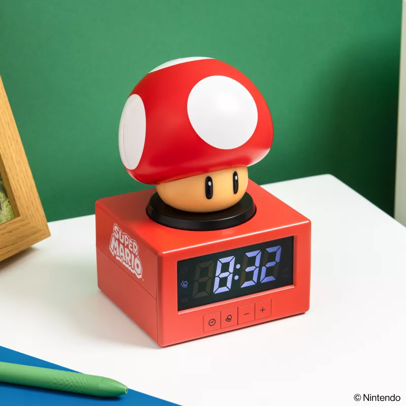 Paladone Super Mario Super Mushroom Icon budzik - cyfrowy LCD, zasilany USB, oficjalne efekty dźwiękowe Nintendo, czerwono-biały