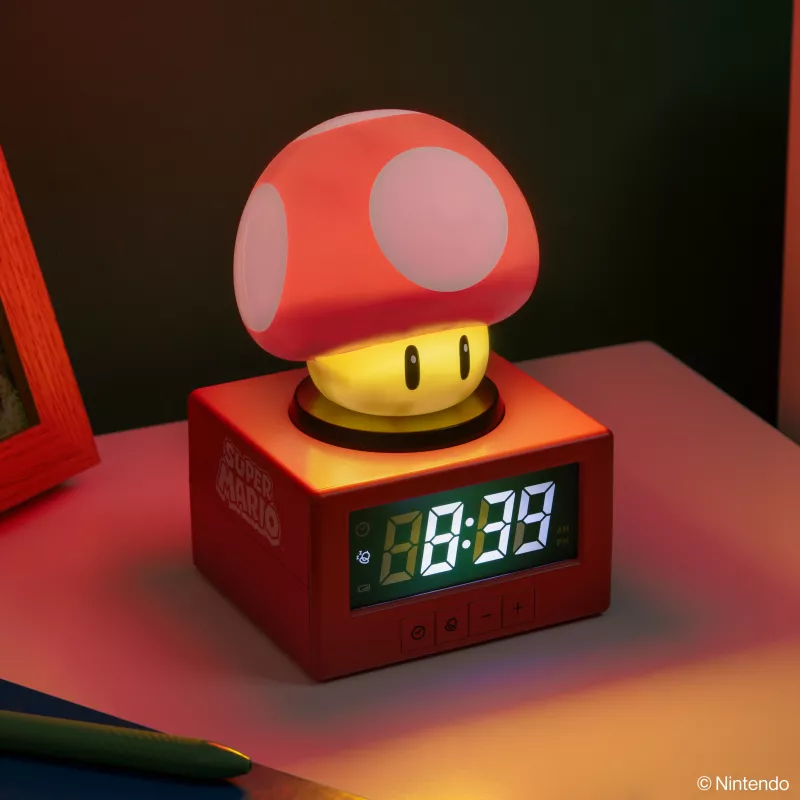 Paladone Super Mario Super Mushroom Icon budzik - cyfrowy LCD, zasilany USB, oficjalne efekty dźwiękowe Nintendo, czerwono-biały