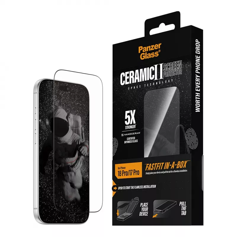 Szkło hartowane ceramiczne PanzerGlass do iPhone 17 Pro z FastFit In-A-Box