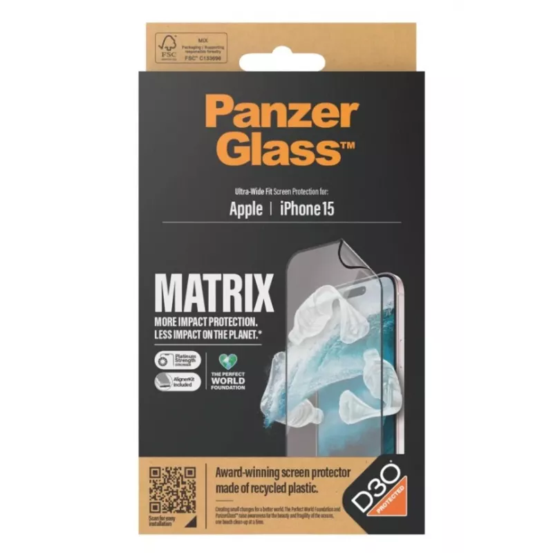 PanzerGlass MATRIX szkło ochronne z D3O do iPhone 15 | Ultra-Wide Fit z AlignerKit
