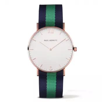 PAUL HEWITT Zegarek Unisex PH-SARSTWNG20 39mm Różowe Złoto Stal Szlachetna Biała Tarcza Zielono-Biało-Czerwony Pasek NATO