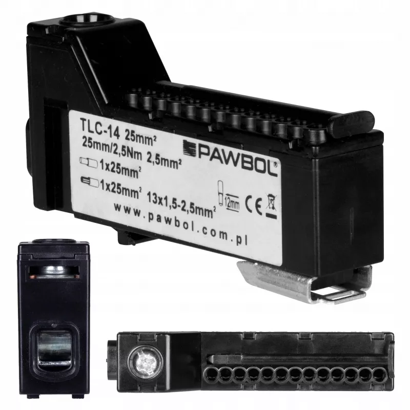 PAWBOL E.4136C Bezśrubowa Listwa Zaciskowa LZB, 6-biegunowa, 2,5 mm², 450 V, 24 A, Czarna