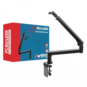 PCBuilder CAST STEADY Mikrofonowy Wysięgnik - Ramię Nożycowe z Mocowaniem Do Stołu, Stal, Udźwig 1,5 kg, Zasięg 750 mm, Obrót 360°, Ukryte Prowadzenie Kabli, Czarny