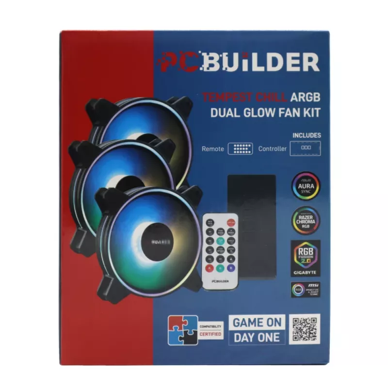 PCBuilder Tempest Chill Zestaw wentylatorów 3x120mm Dual Glow ARGB + kontroler + pilot RF