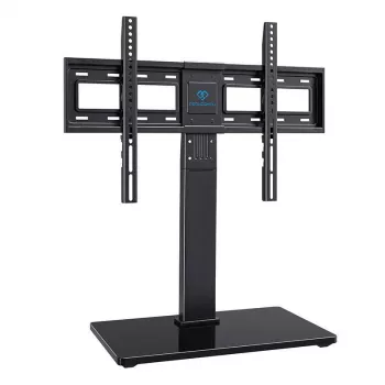 PERLESMITH PSTVS13 Wolnostojący Stojak Telewizyjny z Uchwytem do Telewizorów 37-75 cali, Czarny, Udźwig 45 kg, VESA 100x100 do 600x400, Regulacja Wysokości, Obrót ±35°, Podstawa ze Szkła Hartowanego