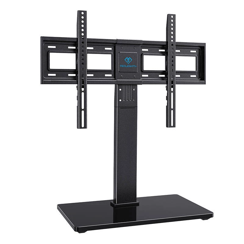 PERLESMITH PSTVS13 Wolnostojący Stojak Telewizyjny z Uchwytem do Telewizorów 37-75 cali, Czarny, Udźwig 45 kg, VESA 100x100 do 600x400, Regulacja Wysokości, Obrót ±35°, Podstawa ze Szkła Hartowanego