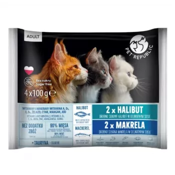 PETREPUBLIC Adult halibut i makrela mokra karma dla kotów – saszetki 4x100g