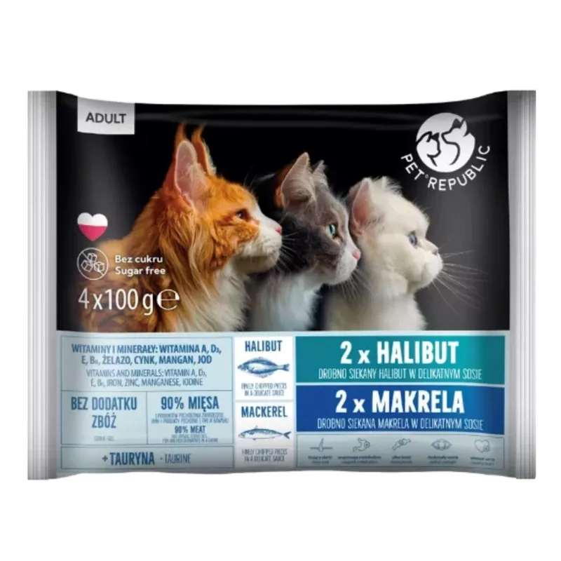 PETREPUBLIC Adult halibut i makrela mokra karma dla kotów – saszetki 4x100g