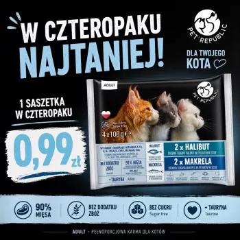 PETREPUBLIC Adult halibut i makrela mokra karma dla kotów – saszetki 4x100g