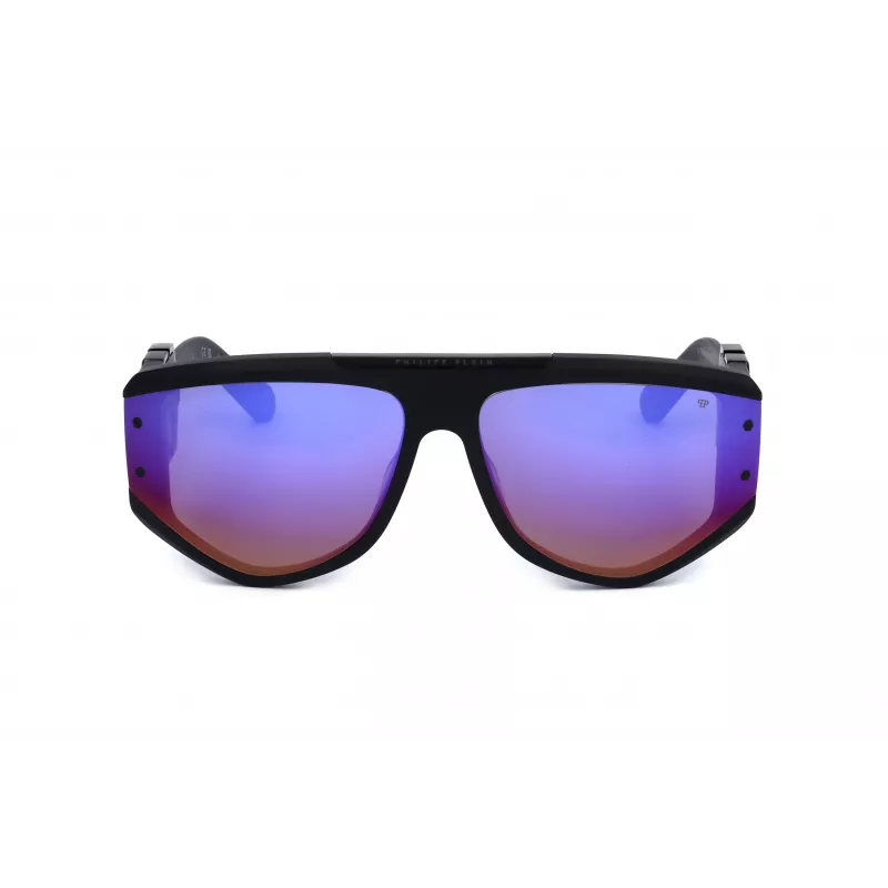 PHILIPP PLEIN SPP093M-703V Męskie okulary przeciwsłoneczne pilot w kształcie kwadratu, czarna oprawka acetatowa, szare soczewki poliwęglanowe, ochrona UV400, 65/16/145 mm