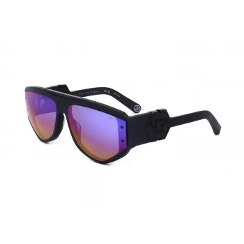 PHILIPP PLEIN SPP093M-703V Męskie okulary przeciwsłoneczne pilot w kształcie kwadratu, czarna oprawka acetatowa, szare soczewki poliwęglanowe, ochrona UV400, 65/16/145 mm