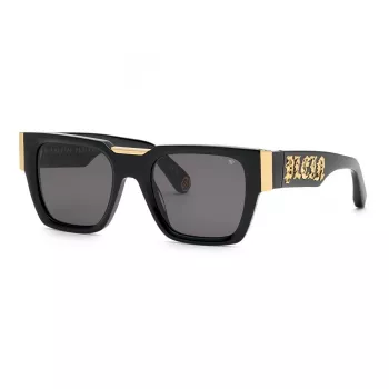 PHILIPP PLEIN SPP095M520700 Męskie okulary przeciwsłoneczne kwadratowe, czarna oprawka acetatowa, szare soczewki UV400 52/21/145 mm
