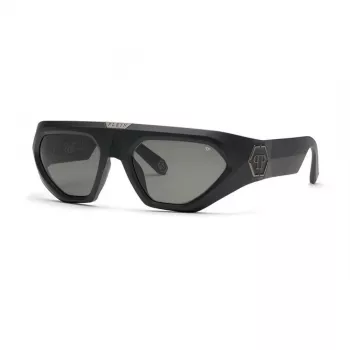 PHILIPP PLEIN SPP153-580U28 Męskie okulary przeciwsłoneczne prostokątne, błyszcząca czarna oprawka acetatowa, soczewki poliwęglanowe w kolorze dymnego szarego, 58 mm