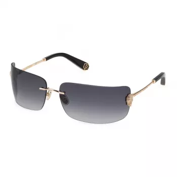 Okulary przeciwsłoneczne Philipp Plein damskie SPP027S950300 - Oversized Square Shield, czarna oprawka acetatowa, szare soczewki gradientowe, ochrona UV400