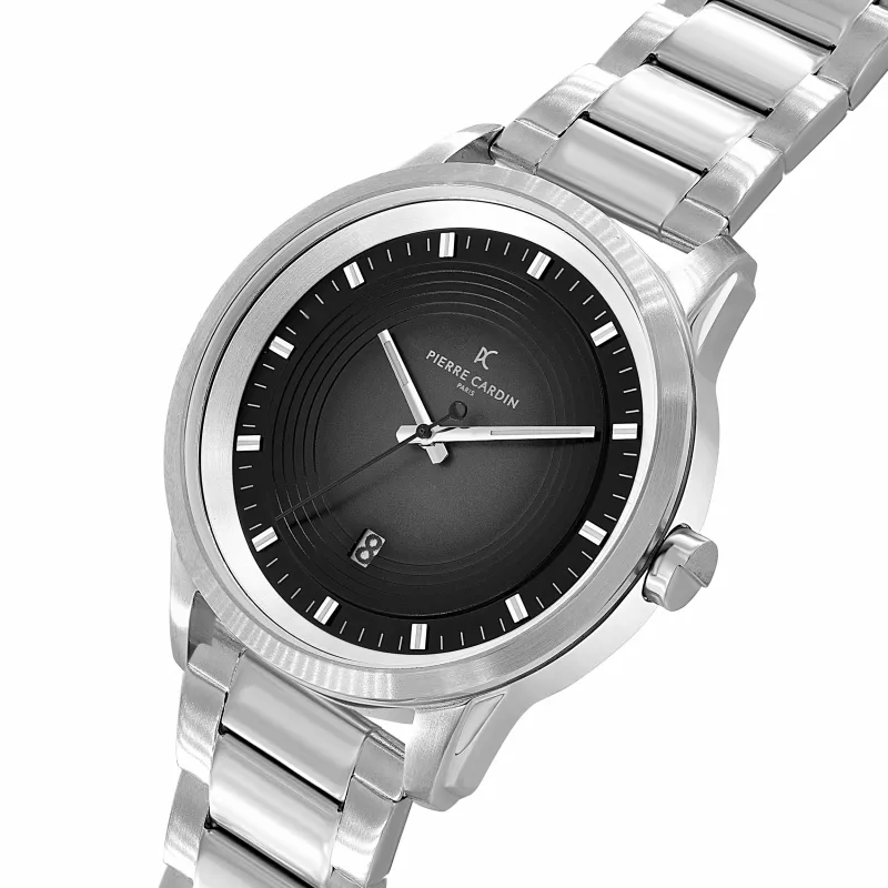 Zegarek męski Pierre Cardin Quartz Analog CCP.5024 - 45mm koperta ze stali nierdzewnej, czarna tarcza, czarny skórzany pasek