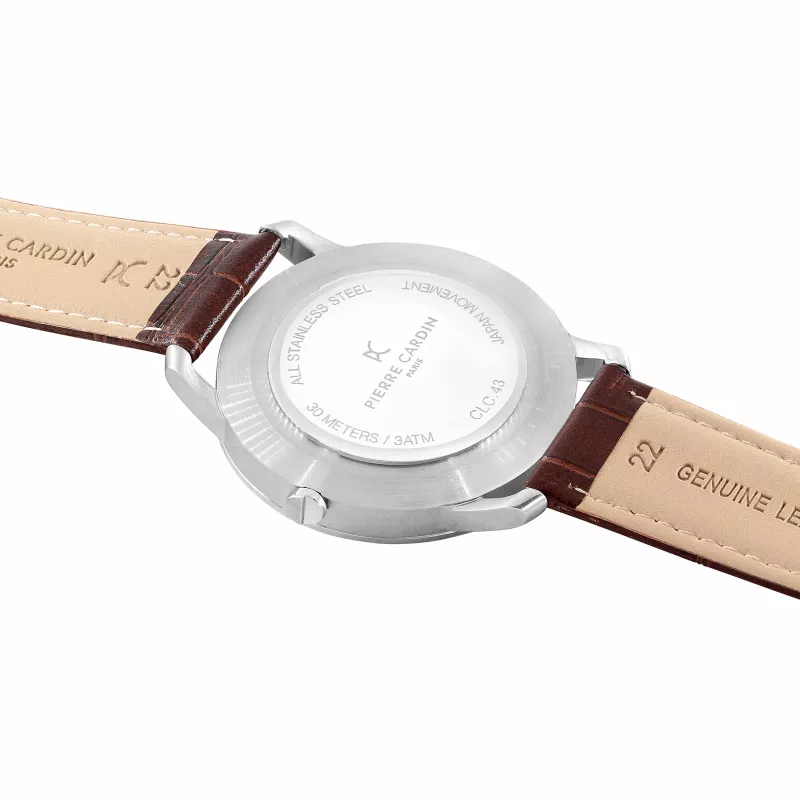 Pierre Cardin Męski zegarek kwarcowy analogowy CLC.6000 43mm koperta ze stali nierdzewnej czarny pasek skórzany