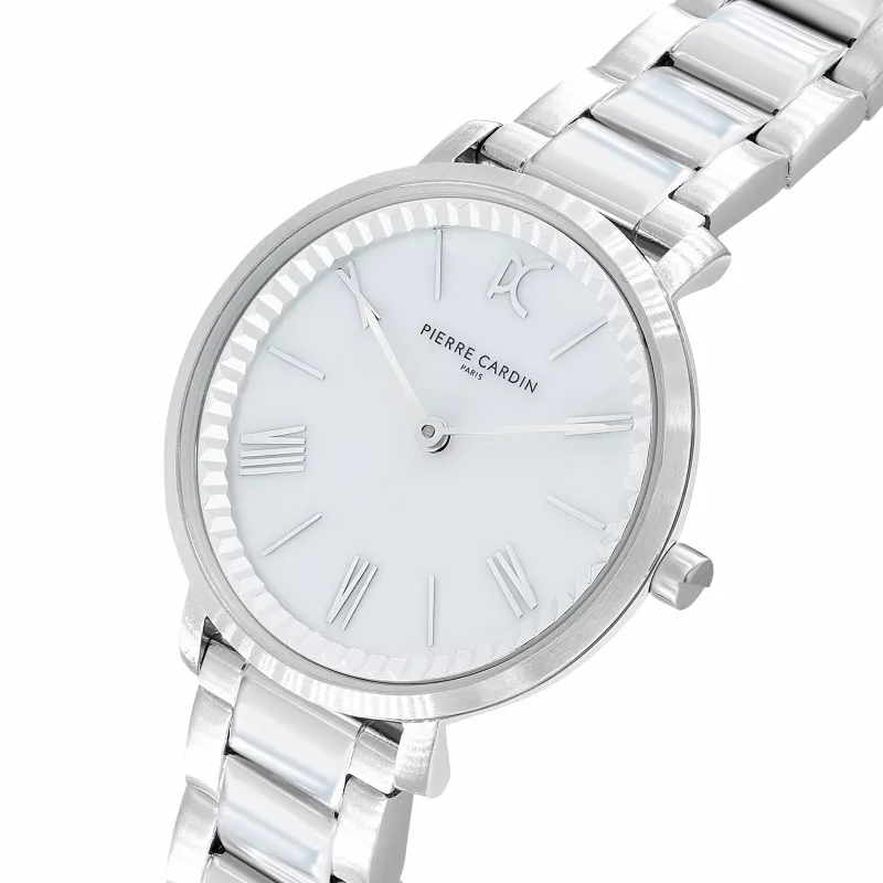 Zegarek damski Pierre Cardin CBC.5002 32mm Koperta ze stali nierdzewnej Biała tarcza Czarny pasek skórzany