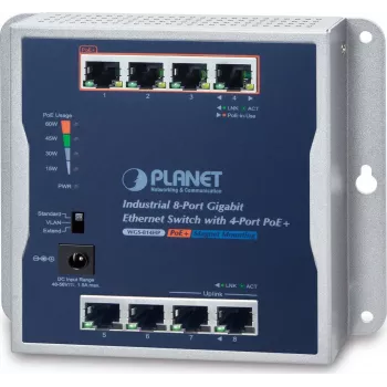 Planet WGS814HP przemysłowy przełącznik Gigabit PoE+, 8 portów (4 PoE+), do montażu ściennego, IP30, budżet 60W