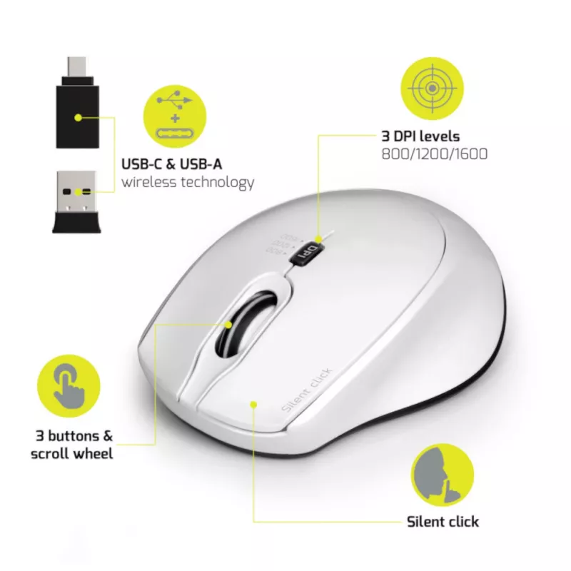 Port Designs Port Connect Silent 1600DPI 3 Przyciskowa Mysz Bezprzewodowa - Biała