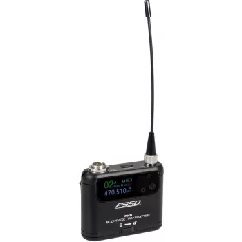 PSSO PXS Mini nadajnik bodypack 470-510 MHz system bezprzewodowy UHF z 16 kanałami, mocą wyjściową 10 mW, wyświetlaczem LCD, 10-godzinną żywotnością baterii, wejściem 3-pin Mini-XLR, klipsem do paska w zestawie 13063513