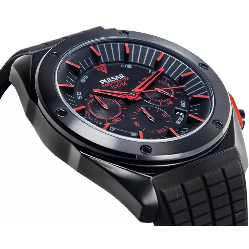 Zegarek męski Pulsar kwarcowy chronograf PT3463X1 - koperta ze stali nierdzewnej 45mm, niebieska tarcza, brązowy pasek skórzany, wodoodporność 100m