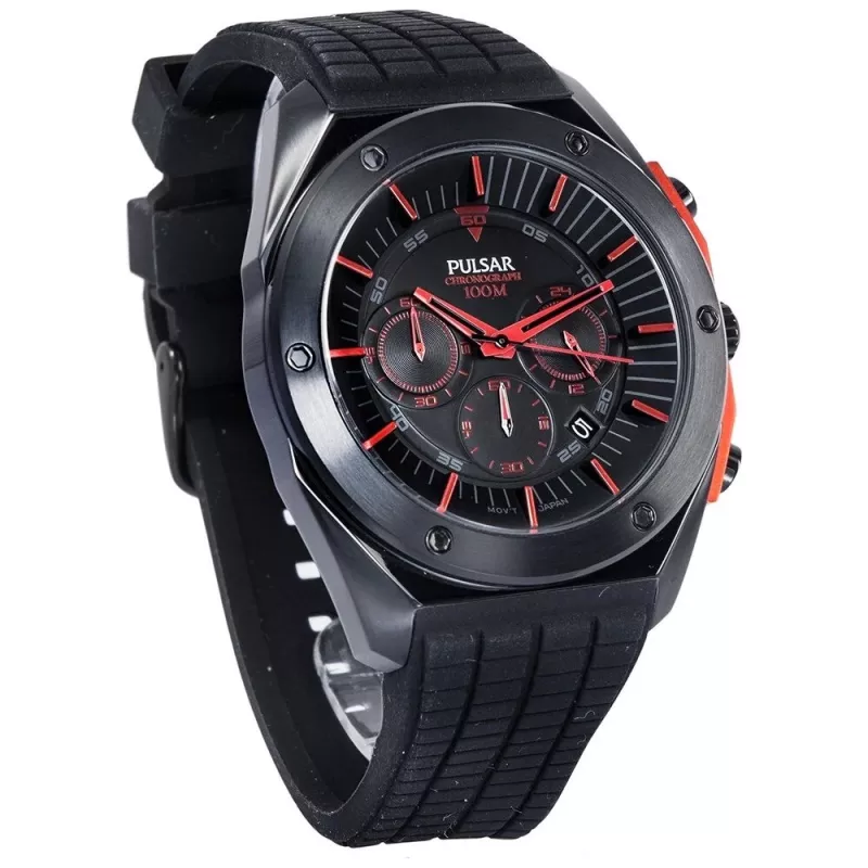 Zegarek męski Pulsar kwarcowy chronograf PT3463X1 - koperta ze stali nierdzewnej 45mm, niebieska tarcza, brązowy pasek skórzany, wodoodporność 100m