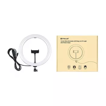 PULUZ PU656B 10-calowy pierścieniowy LED z uchwytem na telefon i statywem, 12W, 3000K-6500K, zasilany USB, do transmisji na żywo, TikTok, YouTube, makijażu, fotografii