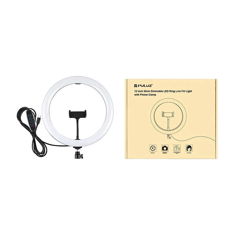 PULUZ PU656B 10-calowy pierścieniowy LED z uchwytem na telefon i statywem, 12W, 3000K-6500K, zasilany USB, do transmisji na żywo, TikTok, YouTube, makijażu, fotografii