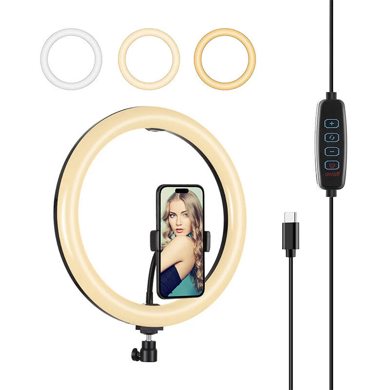 PULUZ PU656B 10-calowy pierścieniowy LED z uchwytem na telefon i statywem, 12W, 3000K-6500K, zasilany USB, do transmisji na żywo, TikTok, YouTube, makijażu, fotografii