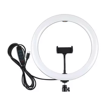 PULUZ PU656B 10-calowy pierścieniowy LED z uchwytem na telefon i statywem, 12W, 3000K-6500K, zasilany USB, do transmisji na żywo, TikTok, YouTube, makijażu, fotografii