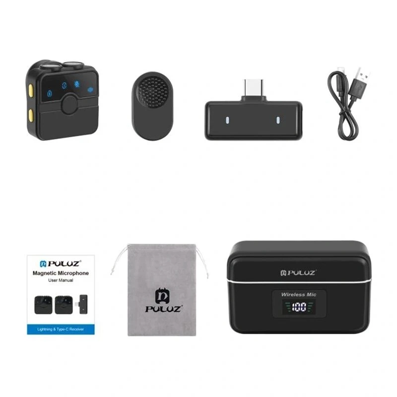 PULUZ SmartLink WS300 2,4 GHz Podwójny bezprzewodowy system mikrofonów krawatowych z redukcją szumów, zasięg 100 m, ładowanie USB-C