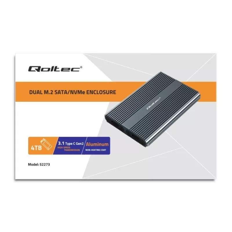 Qoltec Dual M.2 NVMe SATA obudowa na dyski SSD z USB-C 3.2 Gen 2, bez narzędziowa aluminiowa, obsługuje 2x2TB, UASP, TRIM, 10Gbps
