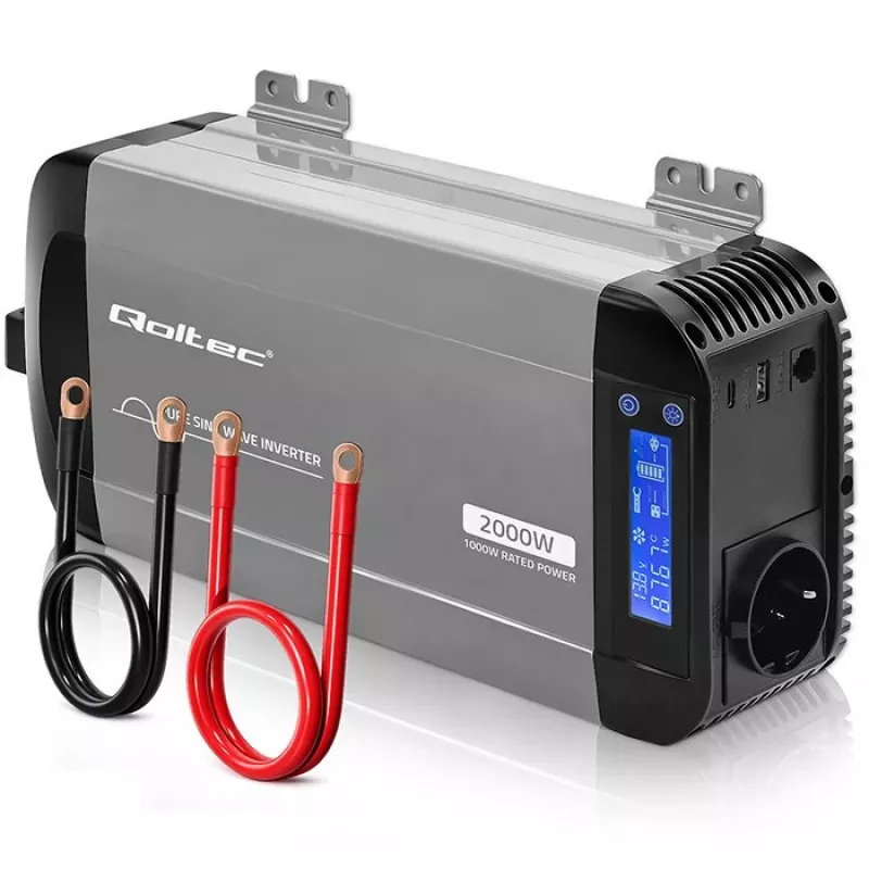 Falownik Qoltec Pure Sine Wave 12V na 230V 1000W/2000W z LCD, USB, USB-C, kompatybilny z LiFePO4/GEL/AGM