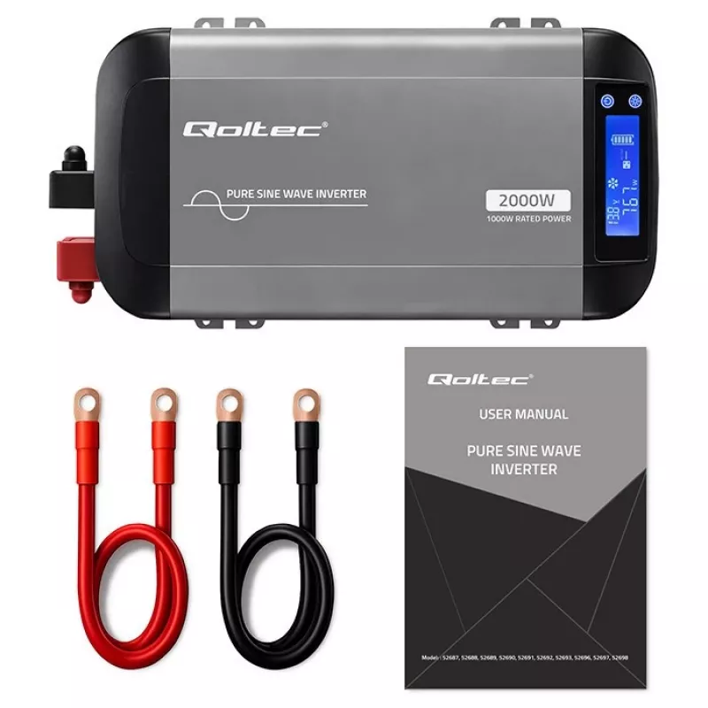 Falownik Qoltec Pure Sine Wave 12V na 230V 1000W/2000W z LCD, USB, USB-C, kompatybilny z LiFePO4/GEL/AGM