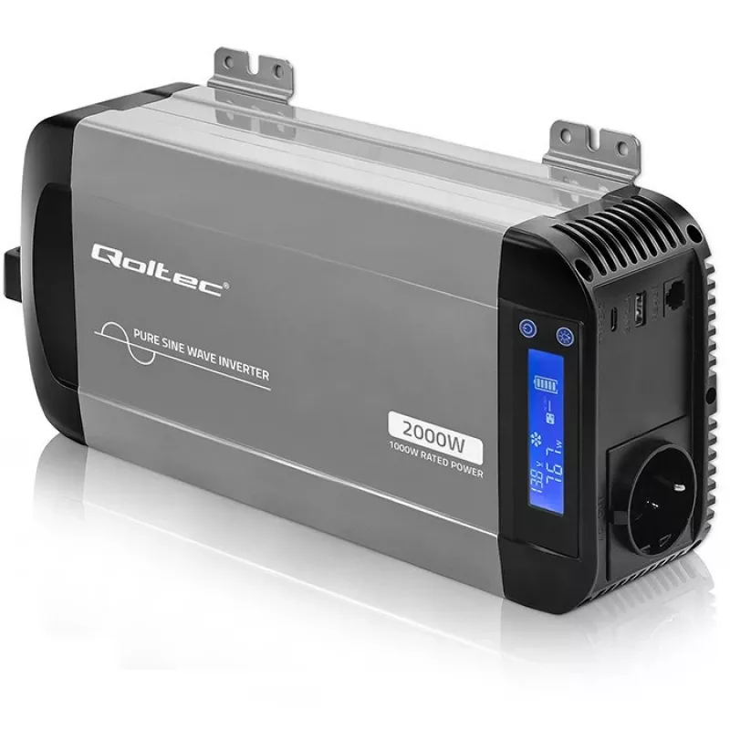 Falownik Qoltec Pure Sine Wave 12V na 230V 1000W/2000W z LCD, USB, USB-C, kompatybilny z LiFePO4/GEL/AGM