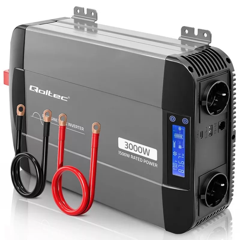 Qoltec Inwerter czystej fali sinusoidalnej 12V na 230V 1500W/3000W z LCD USB USB-C dla LiFePO4 GEL AGM