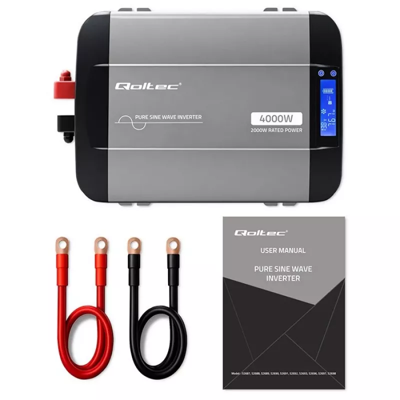 Przetwornica Qoltec Pure Sine Wave 12V na 230V 2000W/4000W z LCD, USB, USB-C, kompatybilna z LiFePO4/GEL/AGM