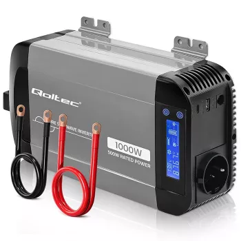 Przetwornica sinusoidalna Qoltec 12V na 230V 500W/1000W z LCD, USB, USB-C, kompatybilna z LiFePo4/GEL/AGM